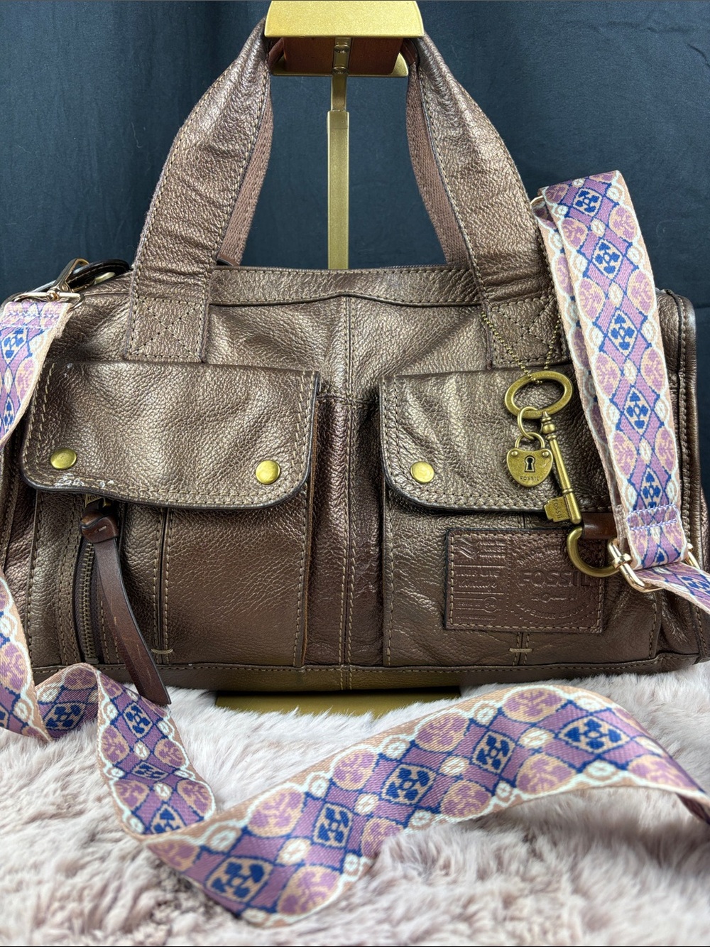 Fossil Long Live Vintage Metallic Bronze Leather Satchel Multi Pocket Bag